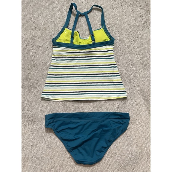 Title Nine Pele 2 Pc Swimsuit Striped Teal Bikini Strappy Top 32C/Sz M‎ Bottom - Picture 5 of 9